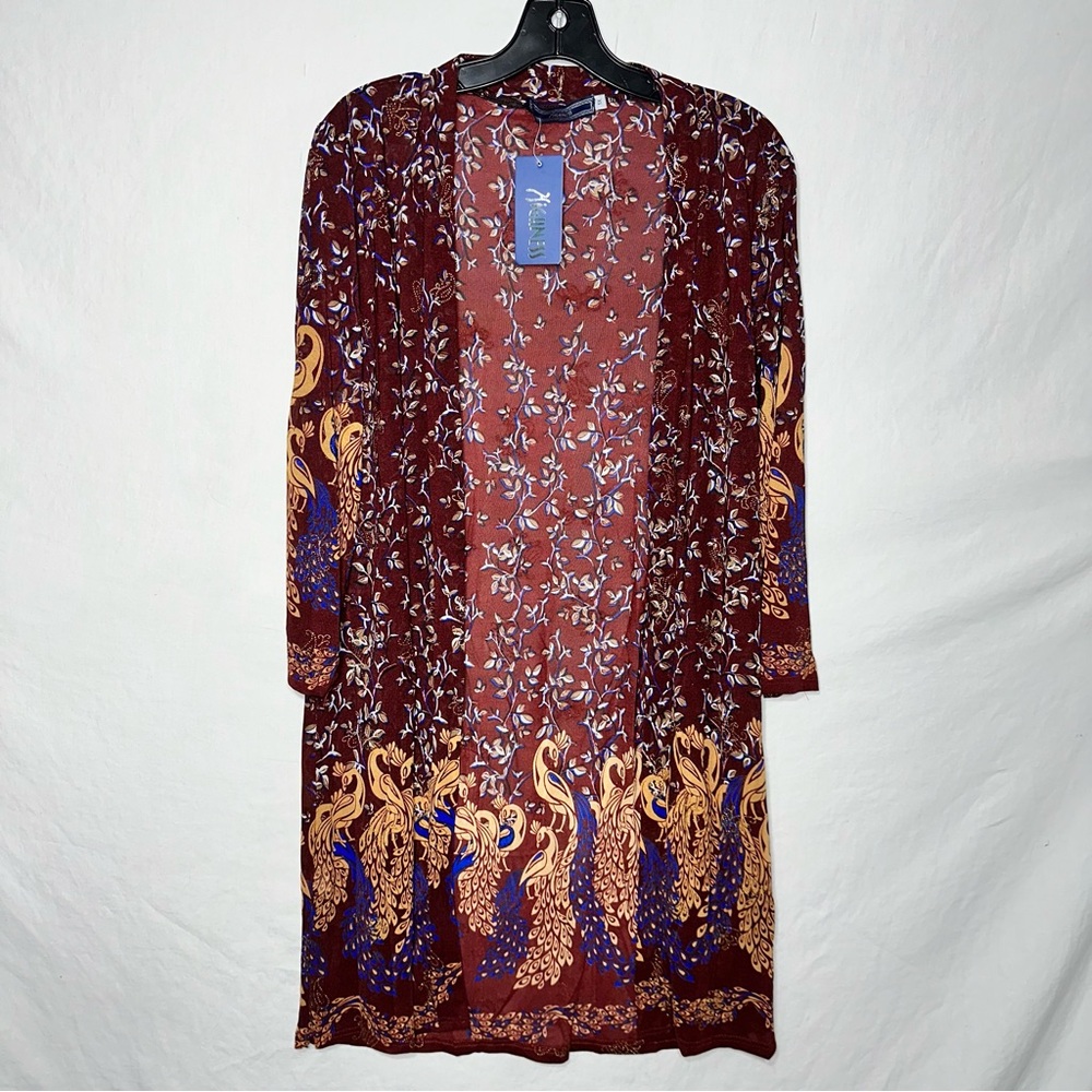 HIGNESS Peacock Print Kimono Cardigan 1X Boho Duster Open Front Maroon Blue Plus